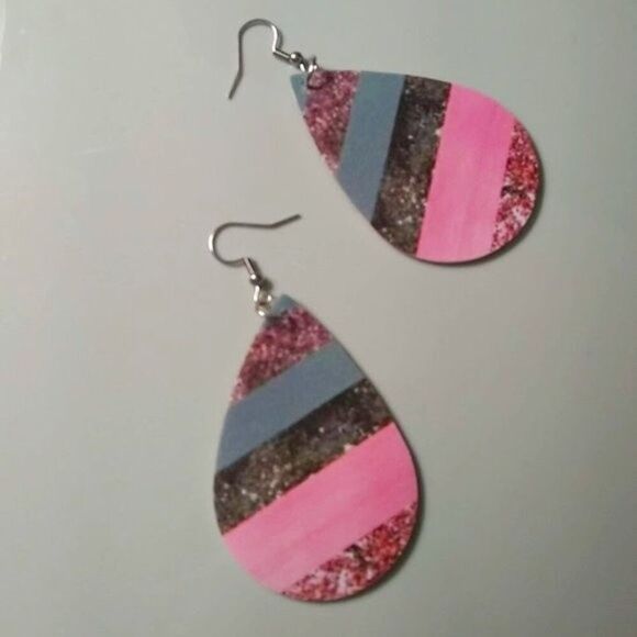 Pink & Gray  Sparkle Stripes Teardrop Earrings - Picture 3 of 6